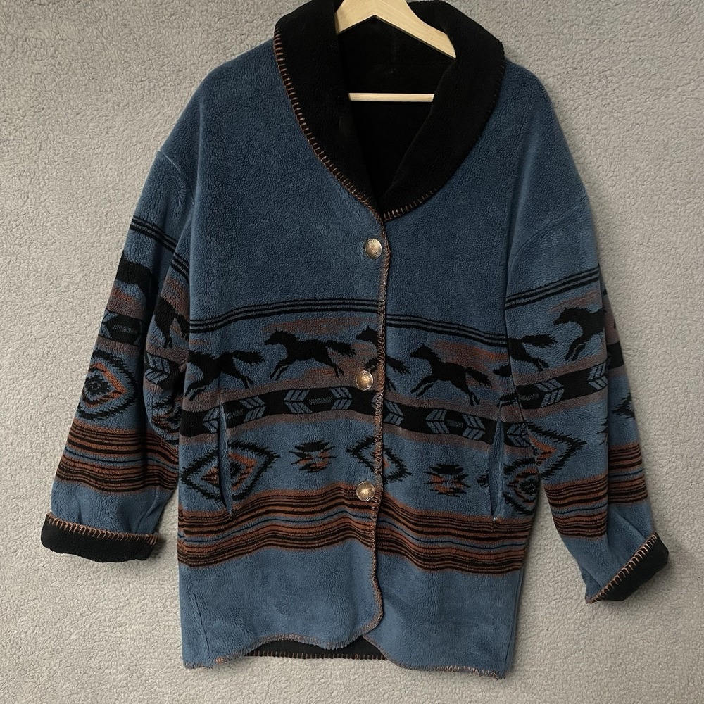 Coldwater Creek Fleece Jacket Women Medium Blue Reversible Western Aztec Horse